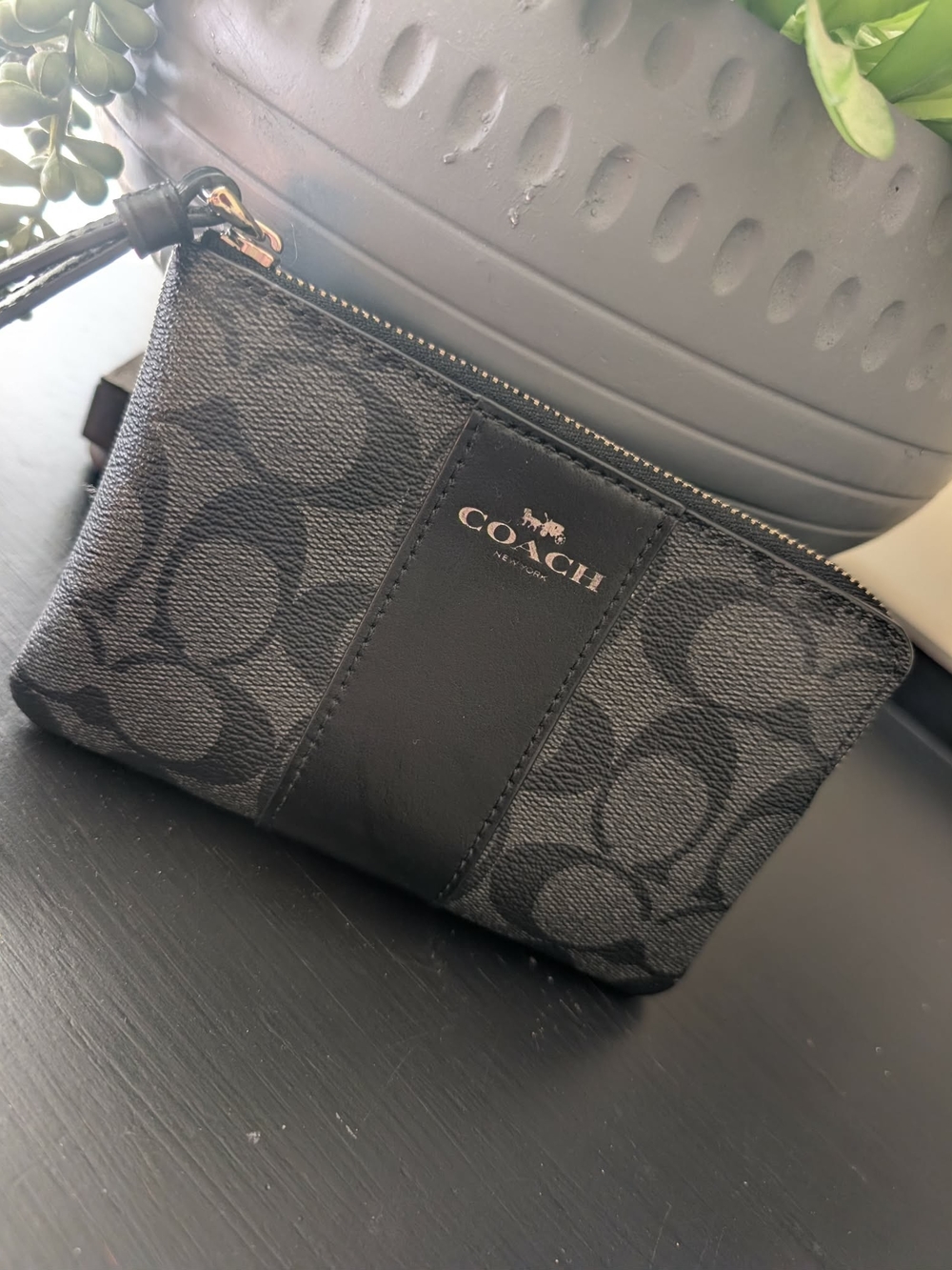 Coach Black Signature Zip Wristlet with Leather Center